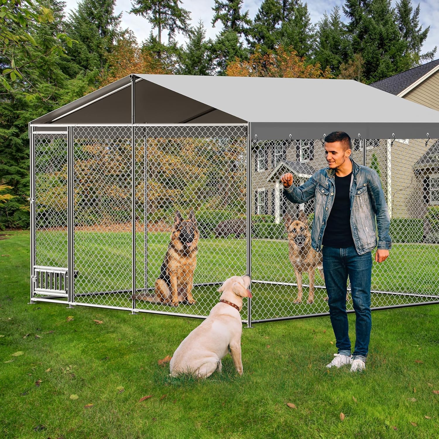 Luku Outdoor Dog Kennel with Waterproof Canopy, Large Dog House with Feeding Doors for Backyard
