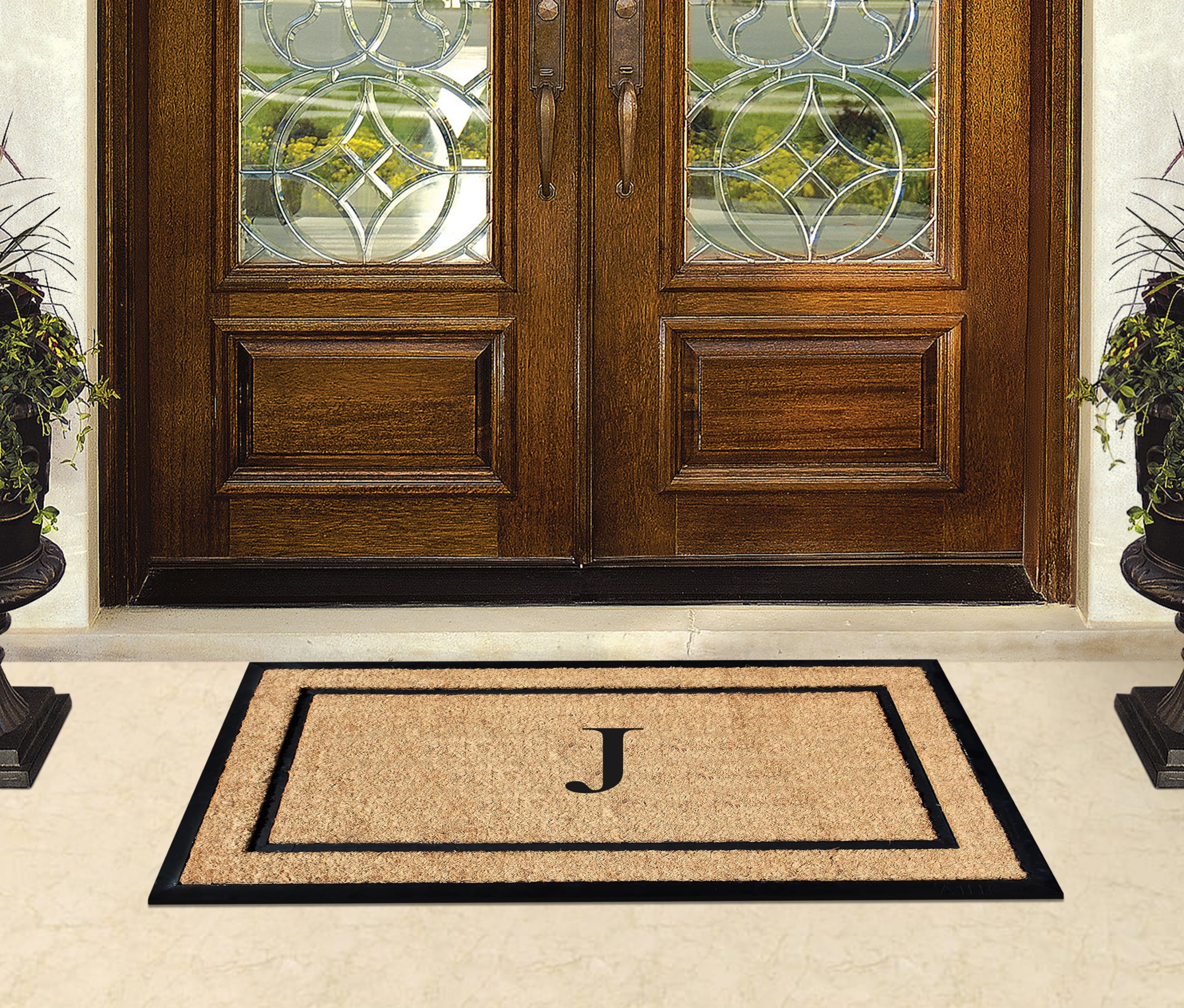 A1HC Natural Coir and Rubber Monogrammed Door Mat, 24x48 in, Thick Durable Thin Profile Welcome Mat for Front Porch & Entryway