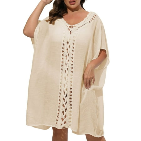 Xudanell Womens Swimsuit & Bikini Cover-Up Dress for Women Solid Round Neck Tassel Kaftan Comfortable and Stylish Beachwear (Z04-Beige One Size)