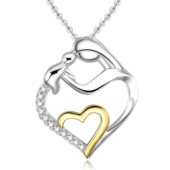 Womens 925 Sterling Silver Two Love Heart Necklace with Cubic Zirconia Necklace Pendant