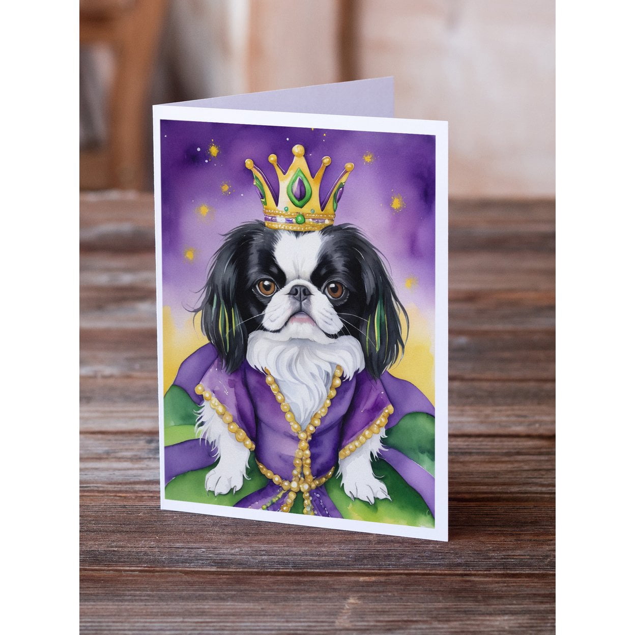 Japanese Chin King of Mardi Gras Greeting Cards Pack of 8 7 in x 5 in