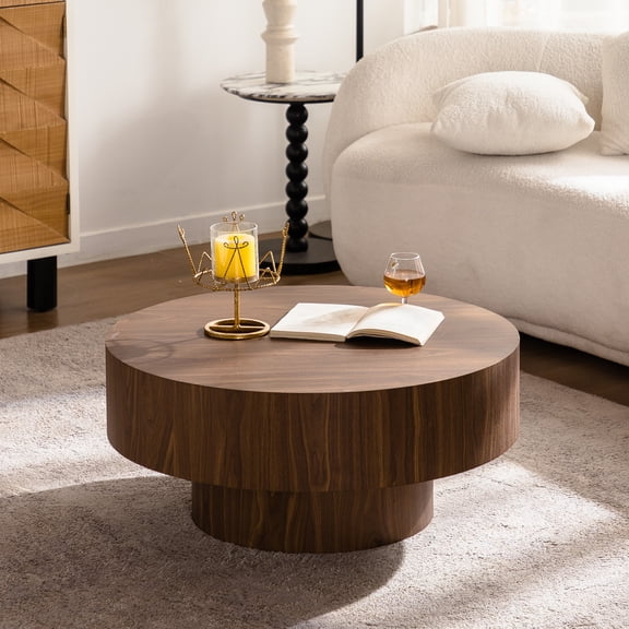 Leumius Round Wood Coffee Table, Walnut Wood Accent Tables for Bedroom, Living Room, Office