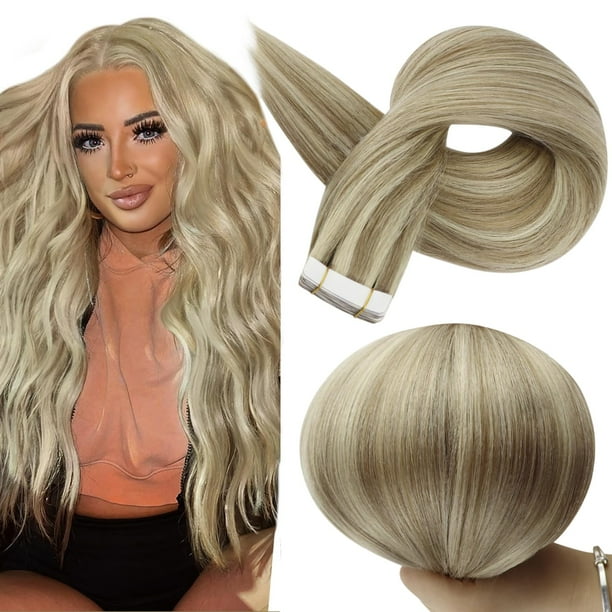 - Extensiones de cabello humano real Remy, con cinta adhesiva de doble cara, sin costuras, color 16 con reflejos 22, e