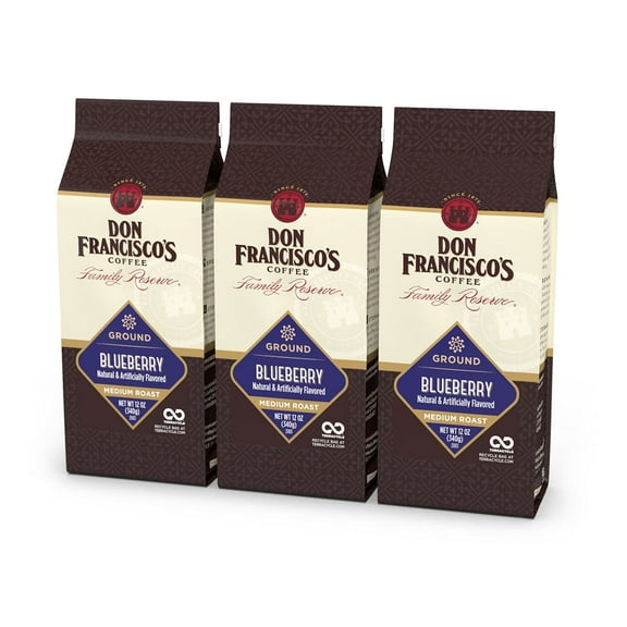 Don Francisco's Premium Blueberry Flavored Ground Coffee: 100% Arabica Beans, Rich Aroma, Perfect for Drip, Pour-Over, and French Press (3 X 12 oz Bag)