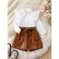 thumbnail image 2 of CIYCuIT Little Girls Skirts Set Solid Color Long Sleeve Lapel Button Shirt Tops + PU Leather Shorts with Belt 2Pcs Outfits Toddler Kids Daily Clothes 1T 2T 3T 4T 5T 6T, 2 of 8
