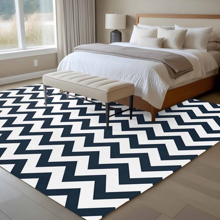 6x9 Washable Area Rug Navy Blue Non-Slip Large Rectangle Rug for Living Room Dining Room Chevron Indoor Floor Mat for Home Decor