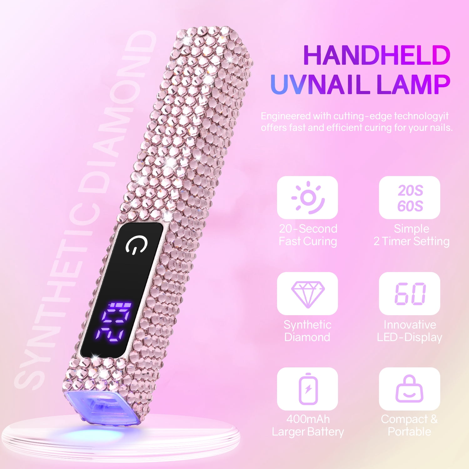 PRYZUNA Mini Crystal LED UV Nail Lamp – Portable Gel Polish Dryer with Touch Timer, USB-C Rechargeable Design with Rhinestone Finish