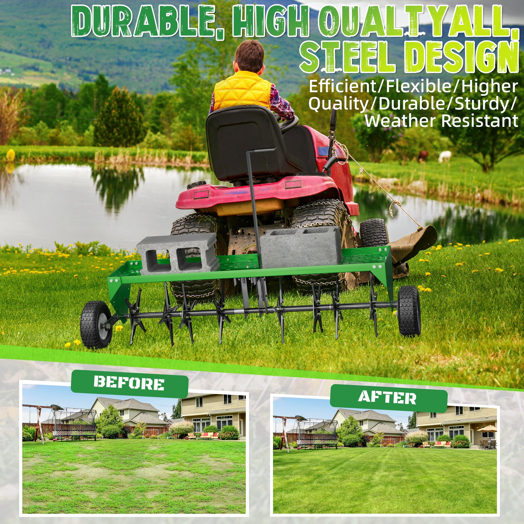 48" Tow Behind Lawn Plug Aerator with Universal Hich, Green Painted Galvanized Steel with Tray and Inflatable Wheels, Pull Behind Aerator for Garden, Farm and Lawn