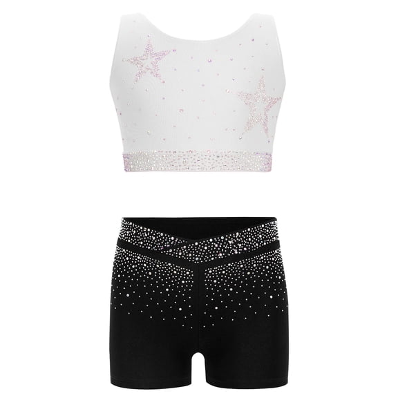 inhzoy Kids Girls Ballet Yoga Dance Athletic Outfit 2 Piece Rhinestone Crop Top V-front Shorts Set White Black 6