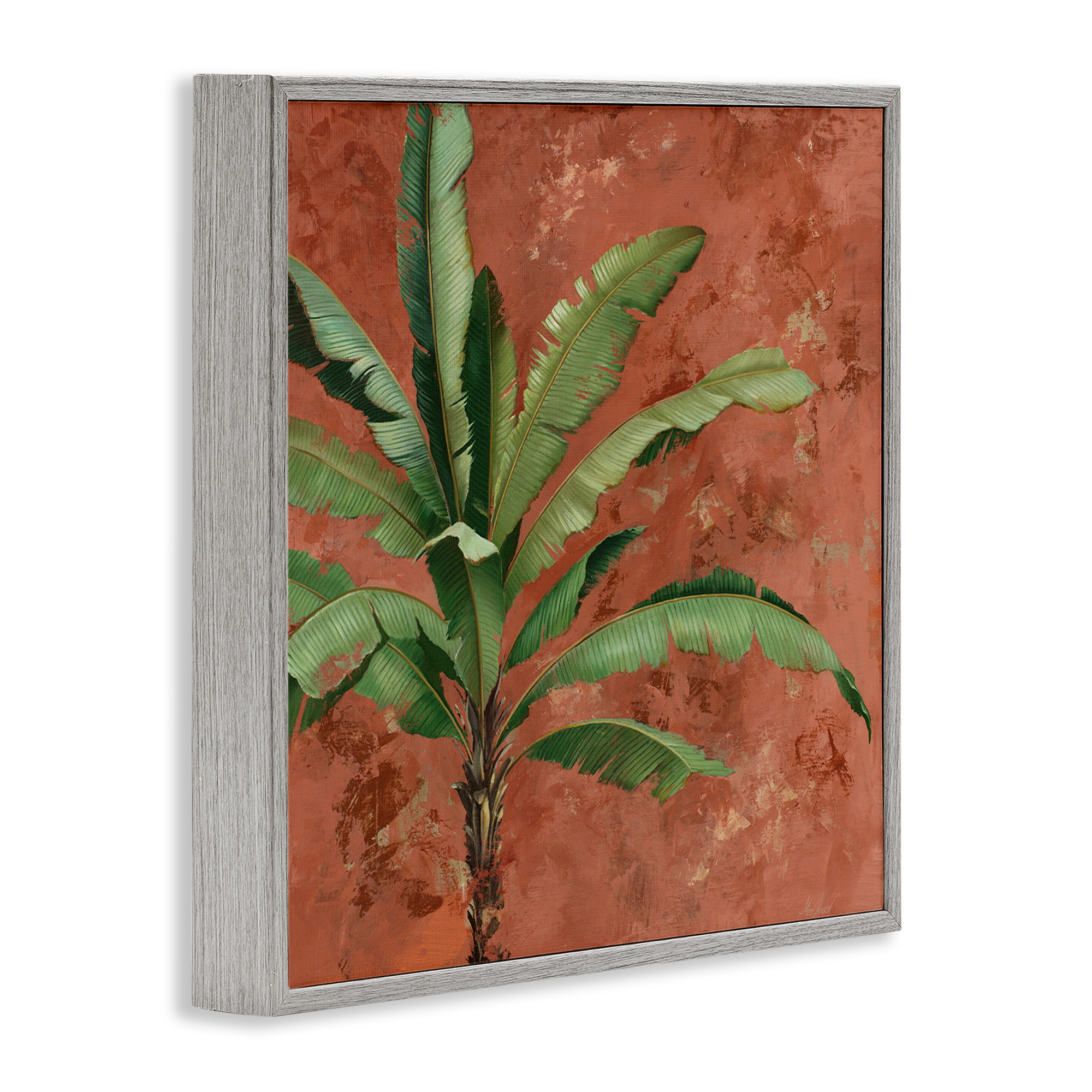 Stupell Industries Palm on Muted Red Botanical & Floral Painting Gray Framed Art Print Wall Art, 12 x 12