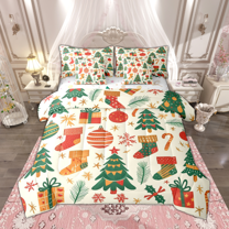 Manfei Vintage Xmas Tree Bedding Comforter Set 7-Piece, Merry Christmas Stocking Queen Bedding Sets, Snowflakes Presents Gifts Queen Sheet Sets, Super Cozy Room Decor