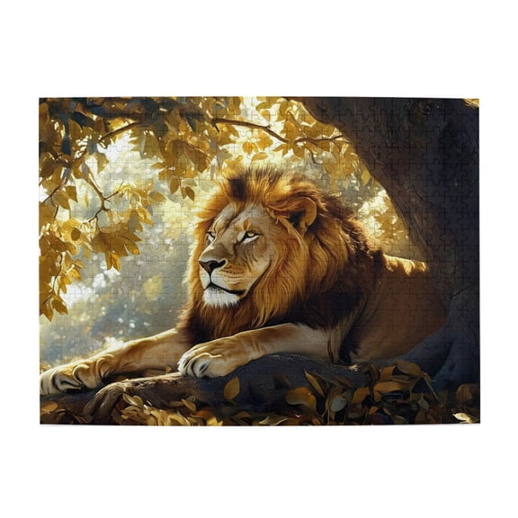 Lion Under Golden Leaves 500-Piece Wooden Jigsaw Puzzle for Adults, Fun & Challenging Family Brain-Teaser, Perfect Home Decor & Gift