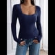 thumbnail image 4 of Camisas de Larga para Mujer, Cuello Cuadrado, Tops Cortos de Punto Acanalado, Conjuntos de Otoño, Ropa de Moda Azul Marino XL, 4 of 9