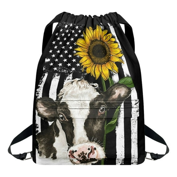 Xoenoiee American Flag Print Drawstring Backpack Bag with Zipper Pocket for Women Men, Cow Sunflower Lightweight Portable Beach Bag Sackpack for Swimming Gym Travel Yoga Storage Bag