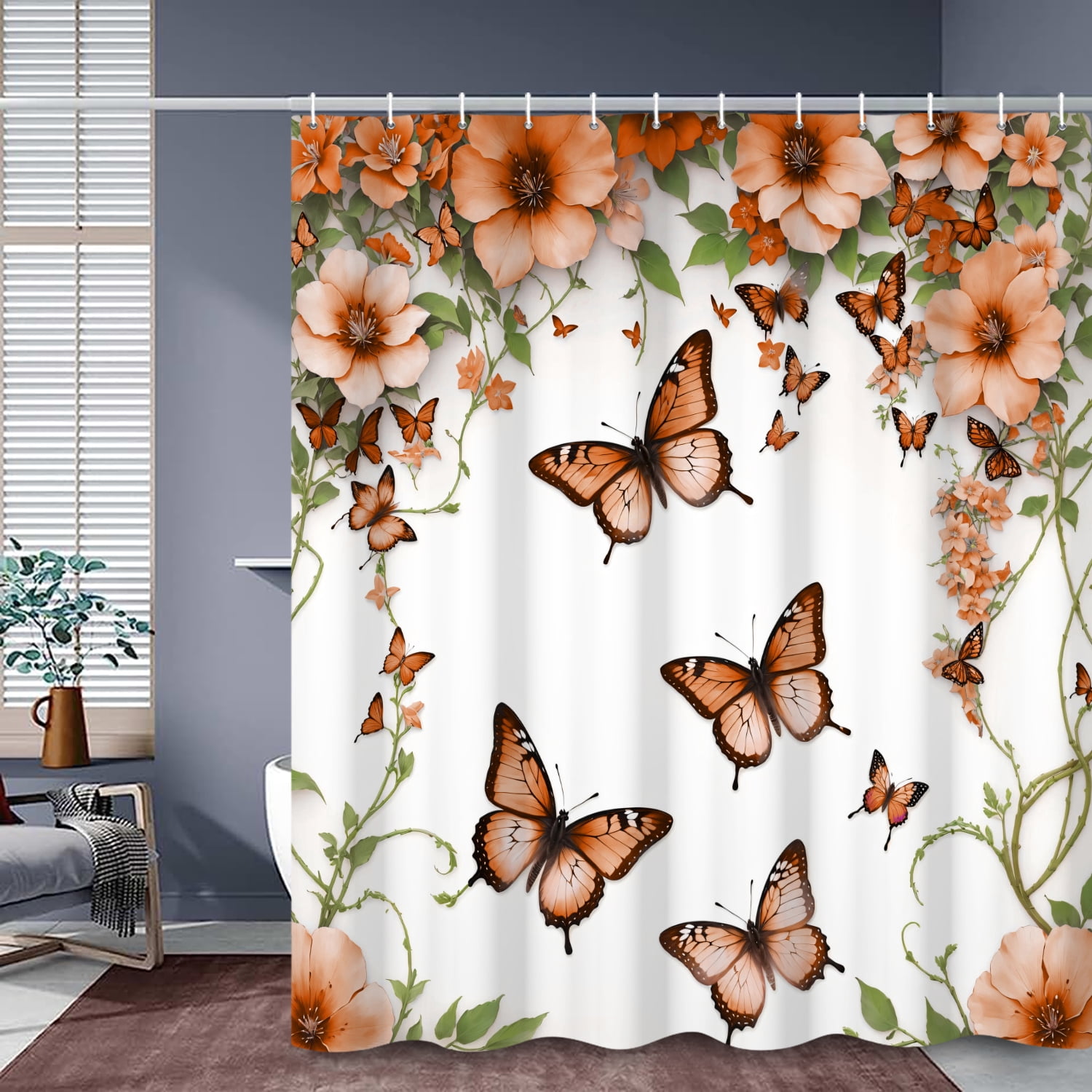 SUNOLIFE Butterfly Shower Curtain,Orange Spring Floral Fabric Bathroom Curtain with Hooks,47x64 in