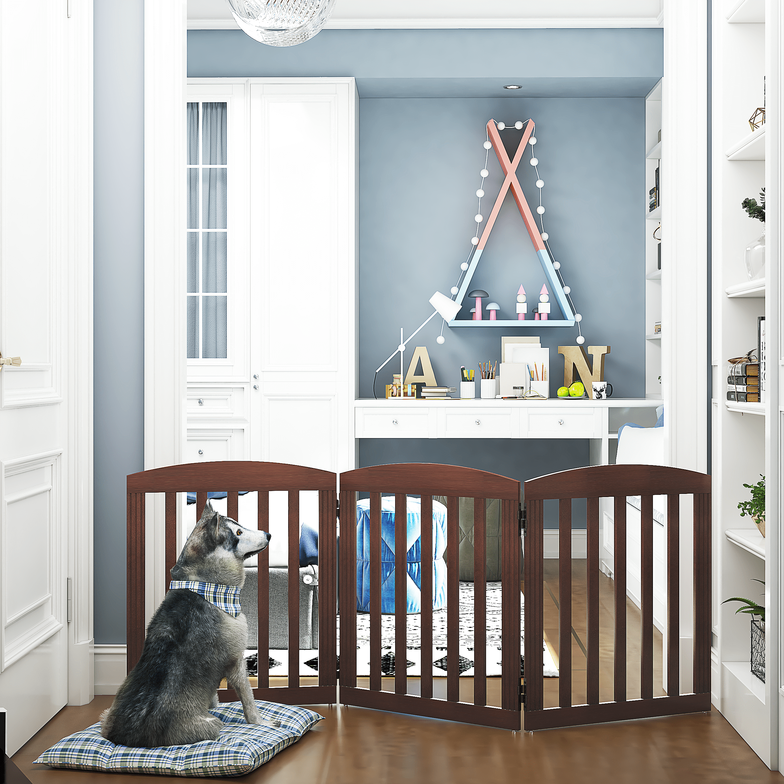 STAROUS Foldable Dog Gate, Dog Gates for Doorways, Stairs, The House, Wooden Freestanding Pet Gate Indoor, Step Over Puppy Gate, 3 Panels, Brown