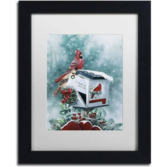 Trademark Fine Art 'Christmas Cardinals' Canvas Art by Jenny Newland, White Matte, Black Frame