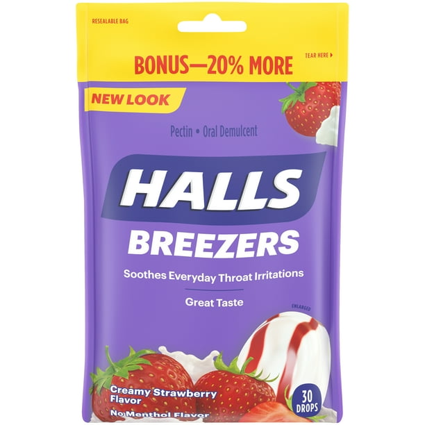 HALLS Breezers Creamy Strawberry Cough Drops, 30 Count