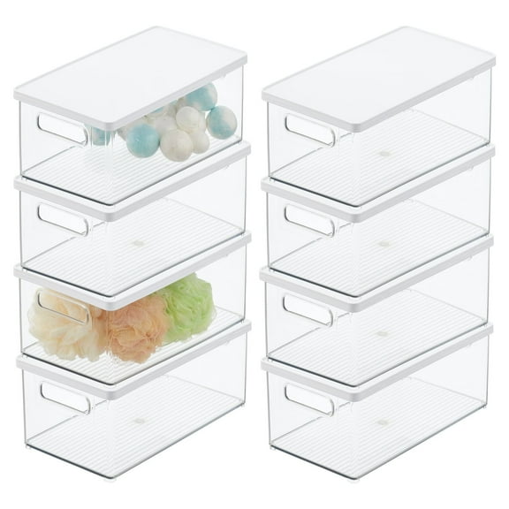 mDesign Plastic Storage Bin Box Container, Lid and Handles, 8 Pack, Clear/White