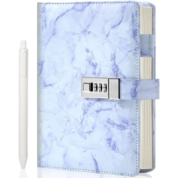 Marble Diary with Lock, A5 Purple Notebook with Pen, Password Locked Journal for Teen Gifts