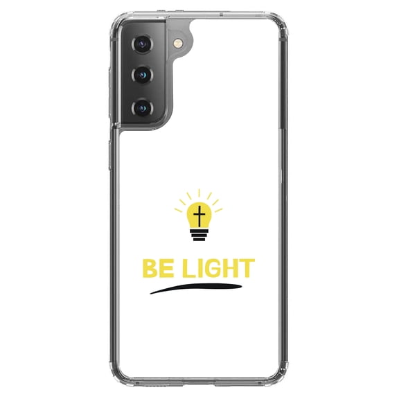 DistinctInk Clear Shockproof Hybrid Case for Galaxy S21  PLUS 5G (6.7" Screen) - TPU Bumper, Acrylic Back, Tempered Glass Screen Protector - BE LIGHT - Cross in a Light Bulb