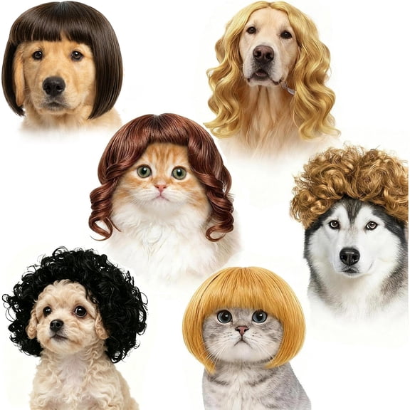 6-Piece Cute Pet Costume Wigs, Funny Dress‑up Hair Accessories for Small Medium Dogs and Cats