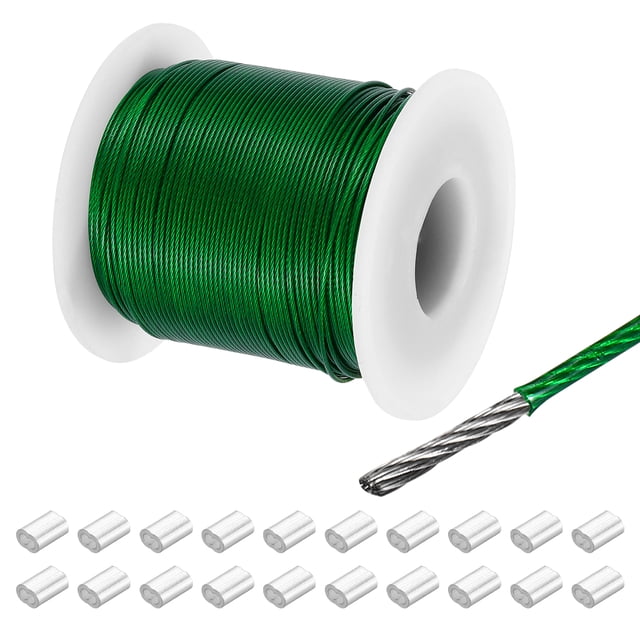 262Ft Wire Rope 304 Stainless Steel Cable 1/32" Vinyl Coated with 20pcs Aluminum Sleeves Green