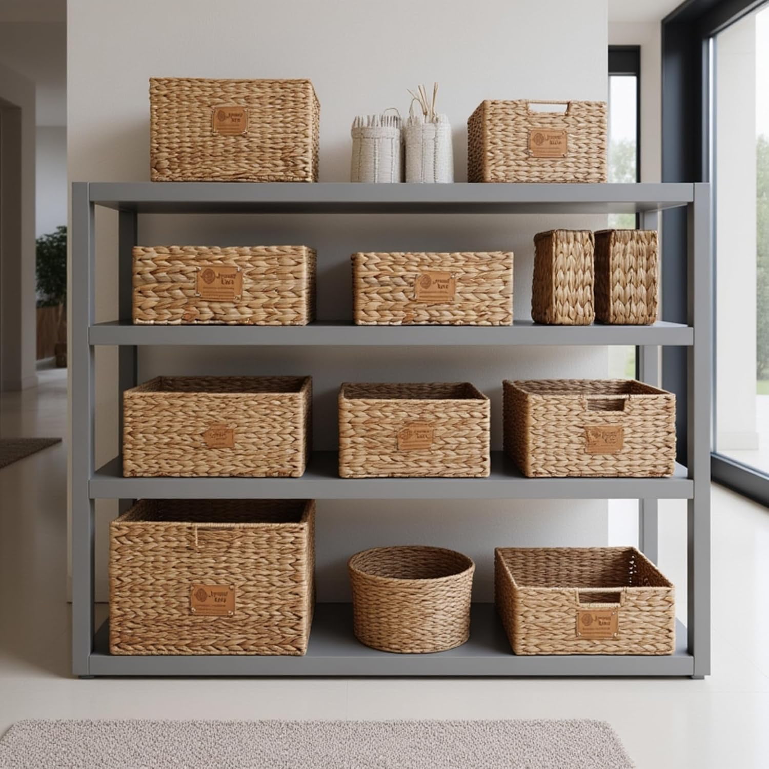 JAVANTI KAYU - Handmade Water Hyacinth Wicker Storage Basket with Handles – Rectangle Organizer Bin for Shelves, Blanket, Bathroom, Closet – Stackable – Decorative & Durable (5, 2 Med + 3 Small)