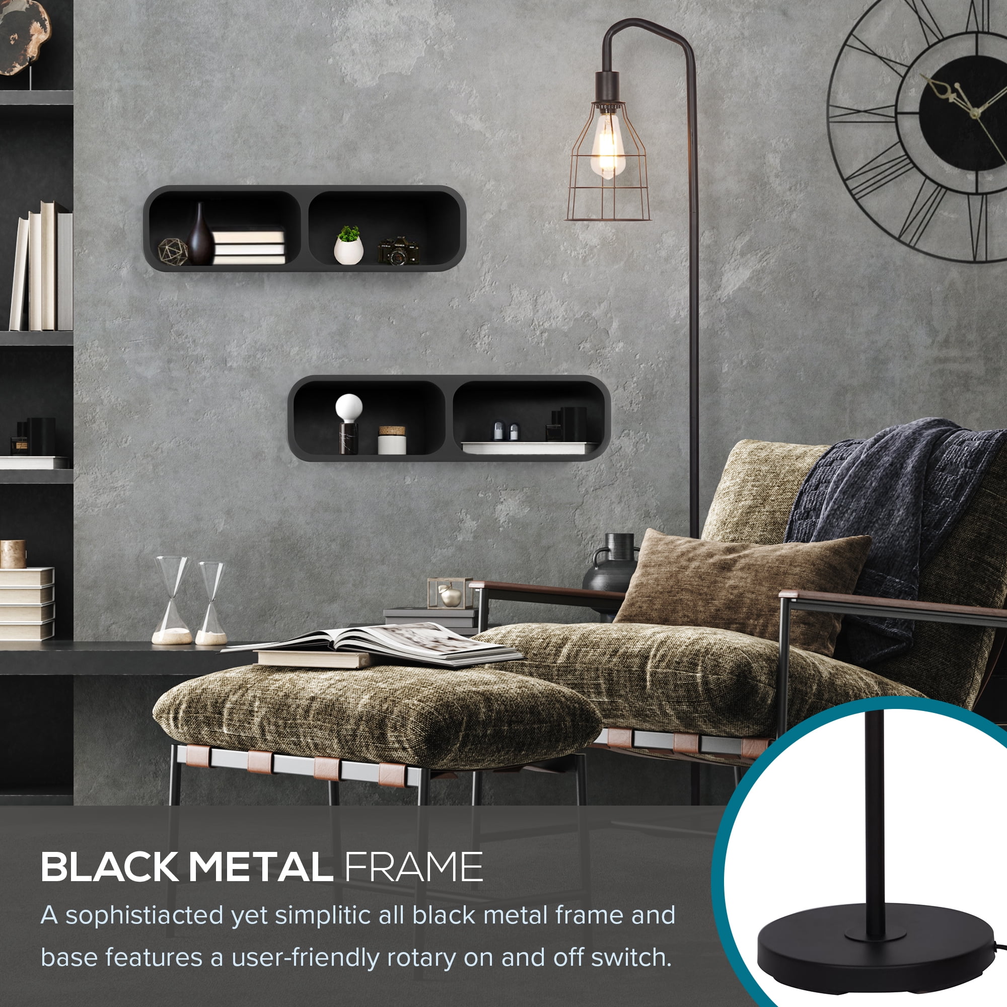 Catalina Lighting Lowell 60'' Floor Lamp with Black Metal Dome Shade Industrial Floor Light Fixture for Living Room, Bedroom, or Office, Black