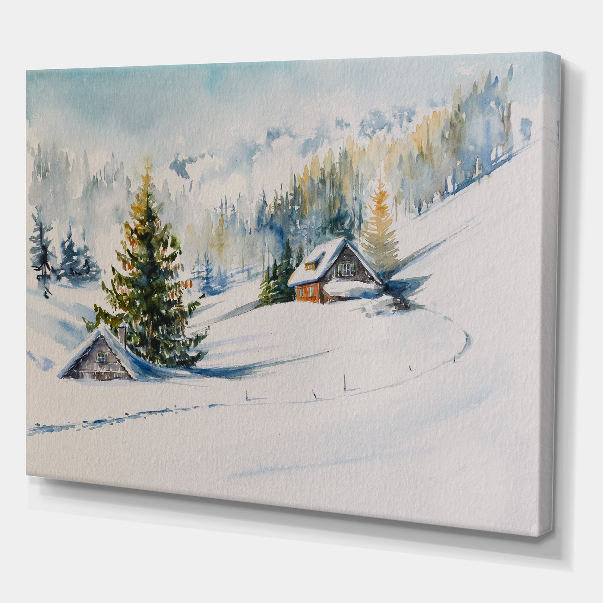 Designart ' The Winter Mountains With Little House ' Traditional Canvas Wall Art Print