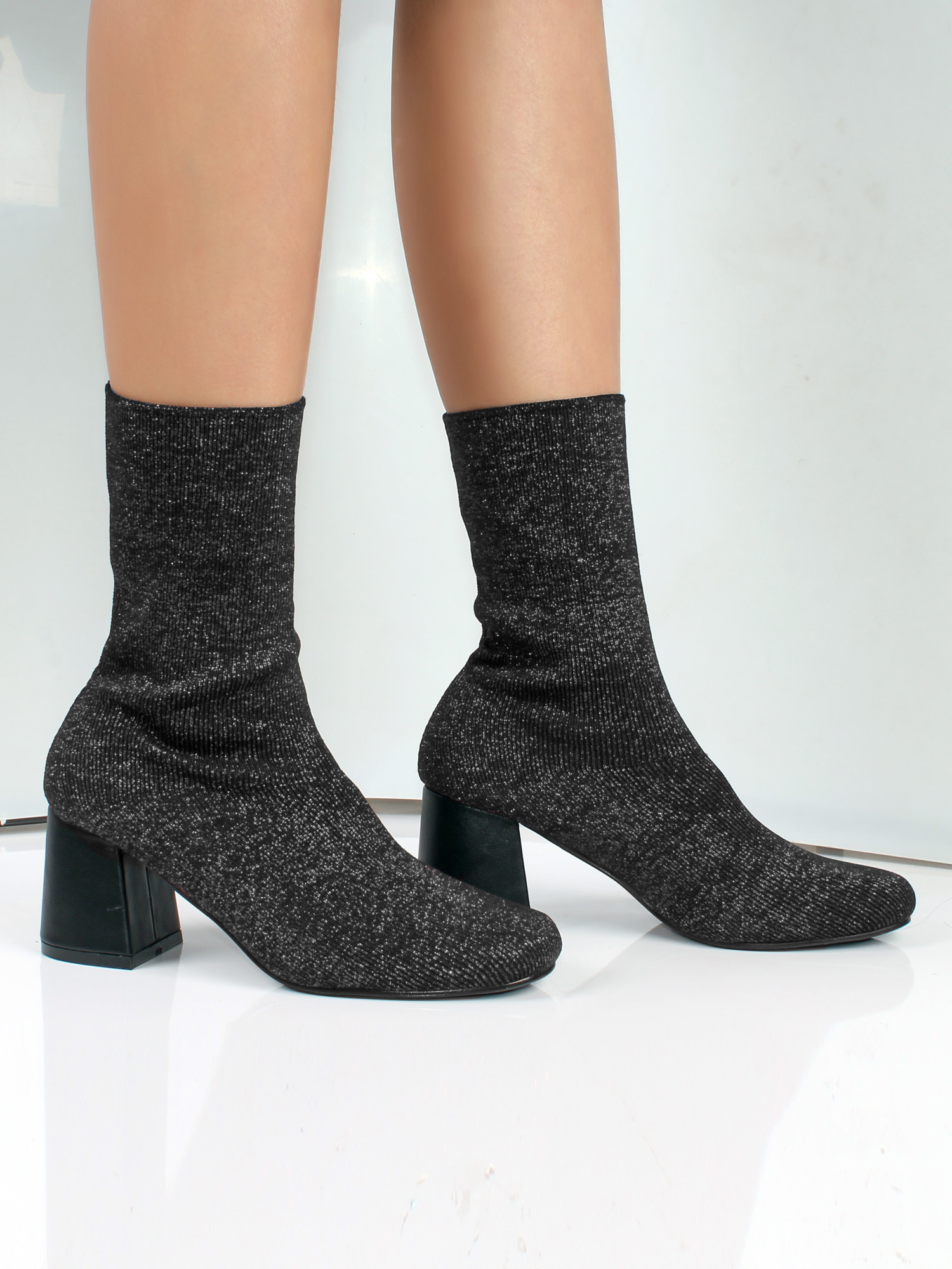 Nature Breeze Women's Stretchy Sock Knitting High Heel Bootie in Black