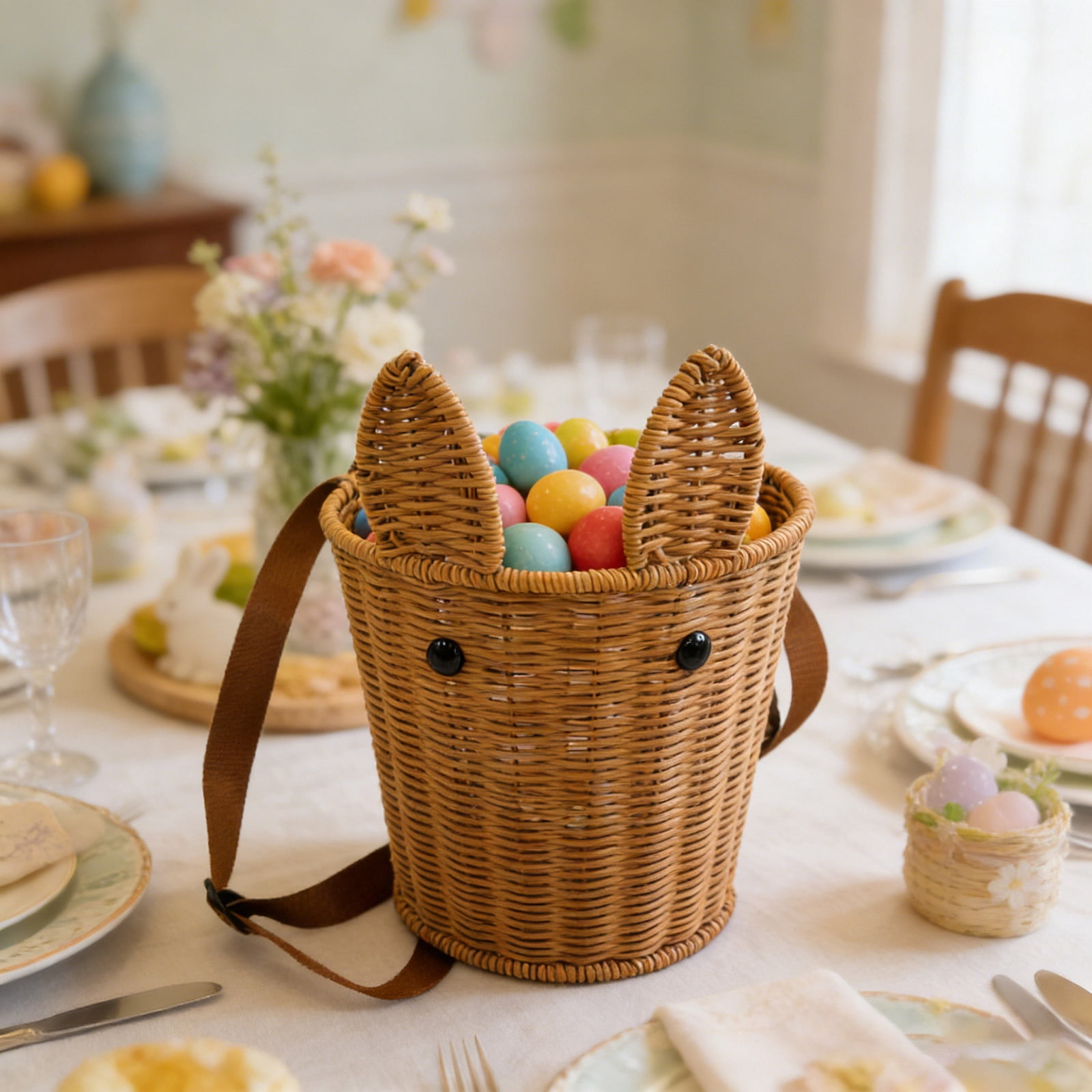 Easter Bunny Storage Basket, Imitation Rattan Woven Basket with Handle - Rustic Harvest Style Decor for Toys, Flowers, Nursery & Home Organization, 8 Inch