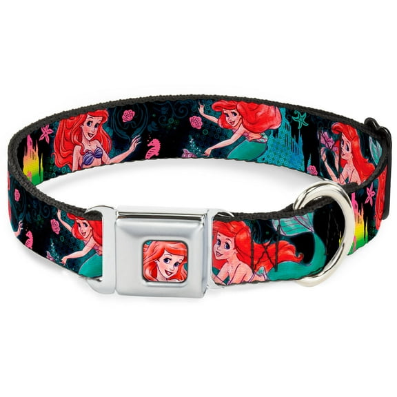 Disney Pet Collar, Dog Collar Metal Seatbelt Buckle, Ariel Underwater Poses Palace Silhouette, 20 to 31 Inches 1.5 Inch Wide