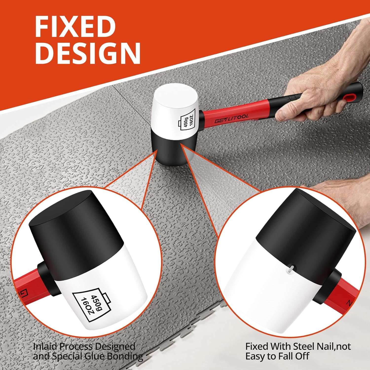 GETLITOOL Rubber Mallet Black/White 16oz, Non-Marking Rubber Mallet Hammer ⌀=55mm with Two Sides, Rubber Hammer with Non-Slip Fiberglass Handle for Camping, Flooring/Tiles Install, Woodworking