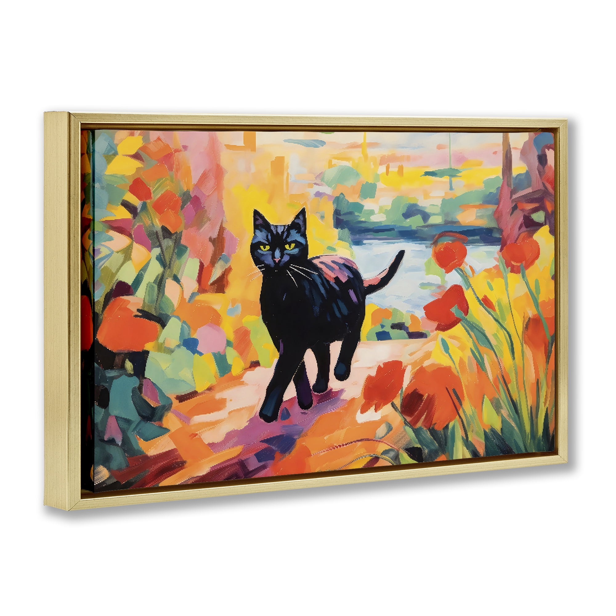 Stupell Industries Sunlit Black Cat in Garden Gold Framed Floater Canvas Wall Art, design by Creative Studio