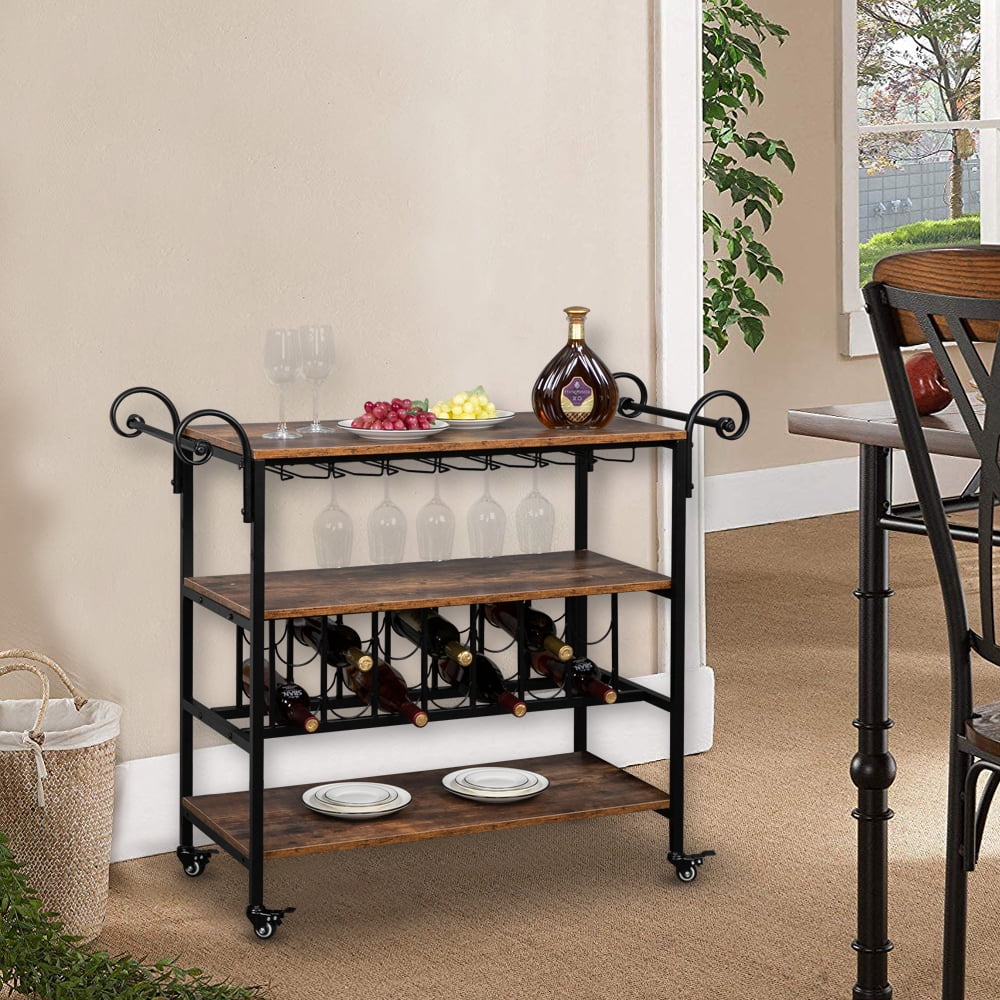 Kepooman Three-Layer Double-Armrest Small Wave Wine Bottle Layer 1.5mm Thick Density Board Fire Pattern Removable Iron Wood Craft Wine Cart Kepooman Three-Layer Double-Armrest Small Wave Wine Bottle Layer 1.5mm Thick Density Board Fire Pattern Removable Iron Wood Craft Wine Cart