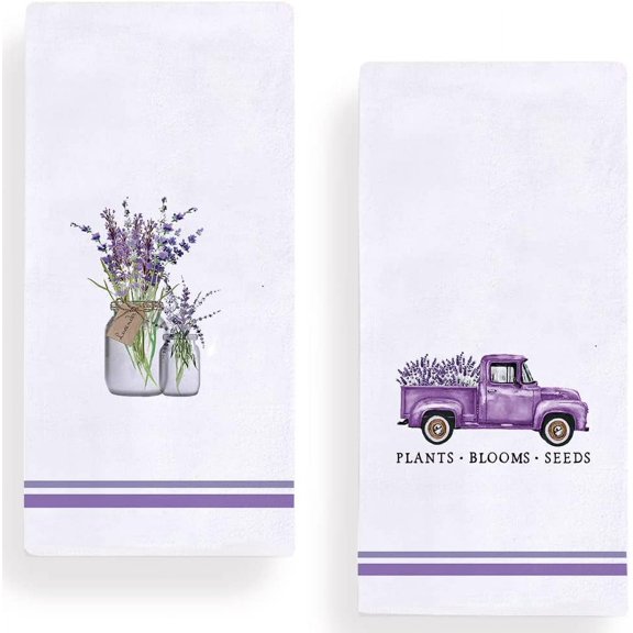 Watercolor Lavender Vase Kitchen Dish Towel 18 x 26 Inch, Seasonal Summer Lavender Truck Towels Dish Cloth for Cooking Baking Set of 2
