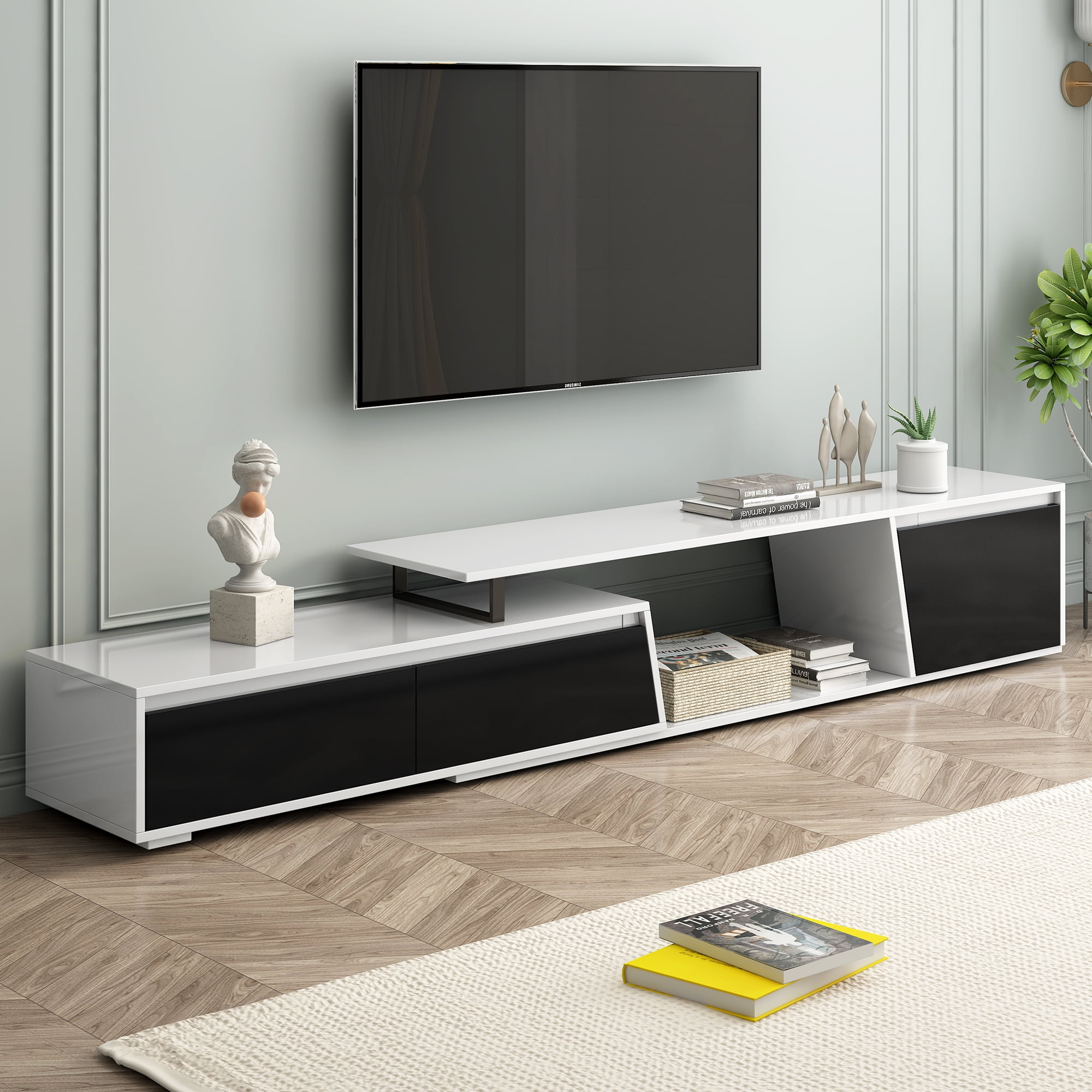 Euroco Modern Minimalist Rectangle Extendable TV Stand, TV Cabinet with 2 Drawers and 1 Cabinet for Living Room, Fits TVs Up to 100''