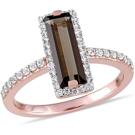 Tangelo 1-3/5 Carat T.G.W. Smokey Quartz and White Sapphire Rose Rhodium-Plated Sterling Silver Baguette Ring