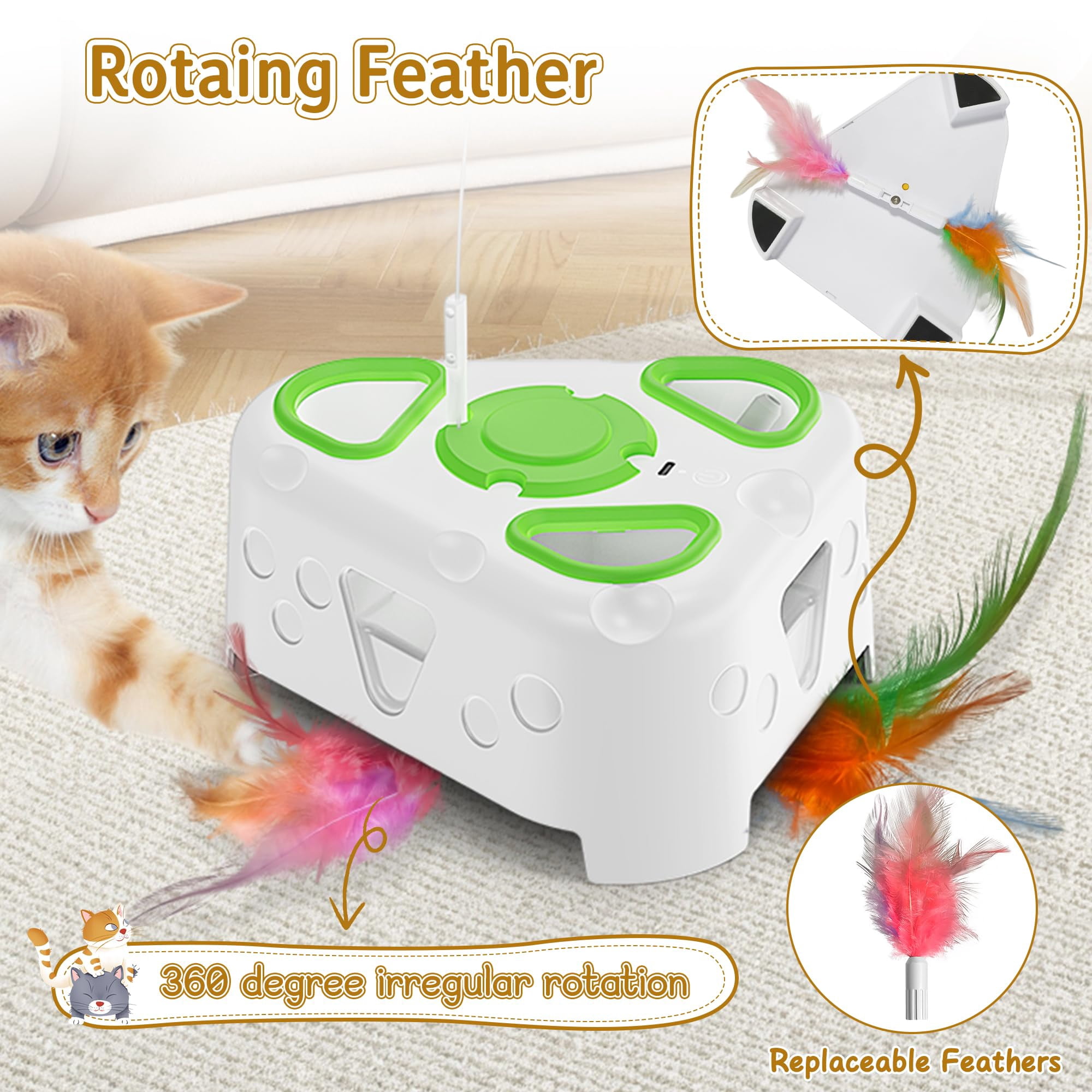 3-in-1 Interactive Cat Toys For Indoor Cats Automatic Kitten Flying Bird 6 Holes Mole Rotating  Rechargeable Usb Bored