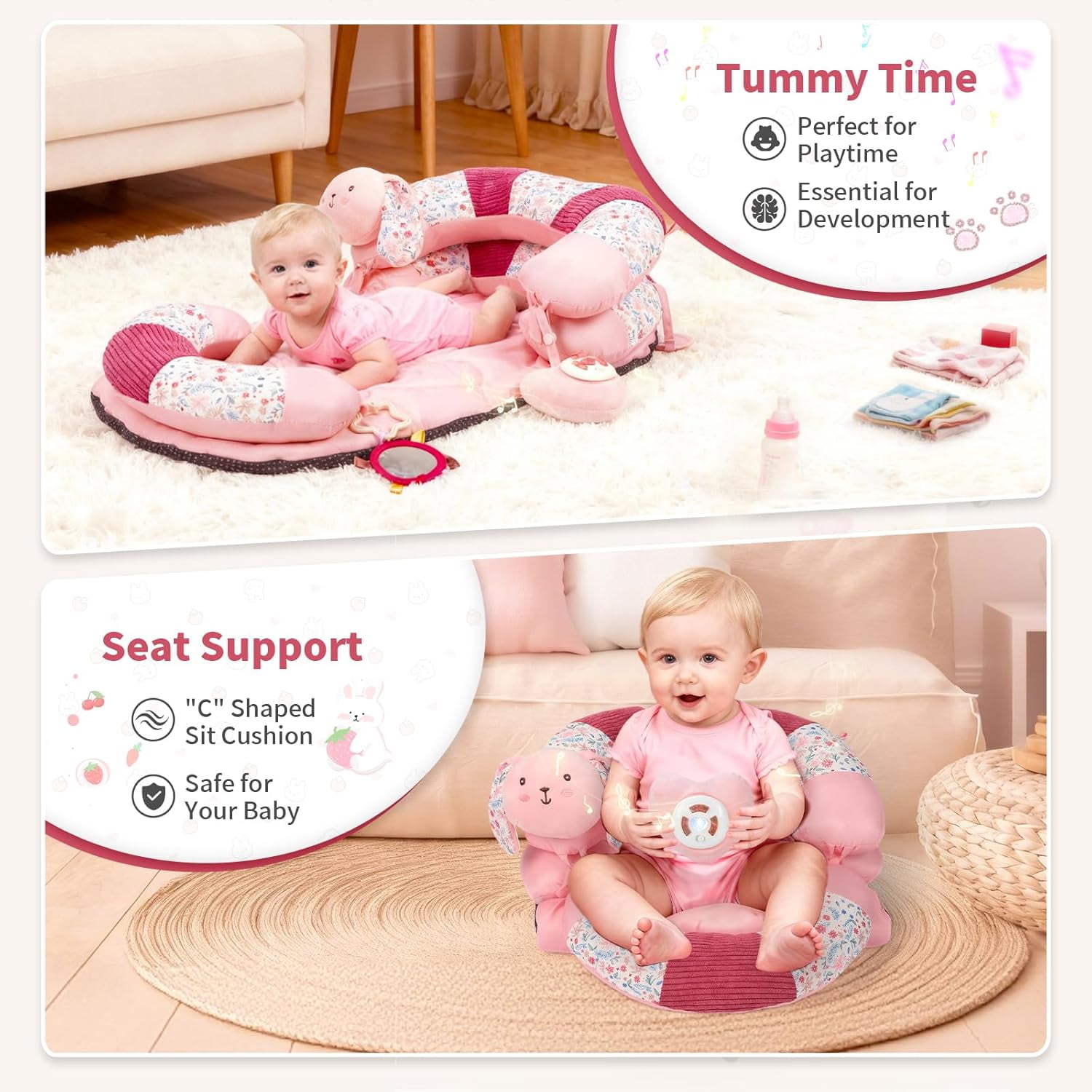 2in1 Tummy Time & Seat Support Baby Play Mat with 5 Sensory Toys, Baby Floor Seat for Sitting, Soft, Supportive, Essentials Development Gifts for Newborn Infant