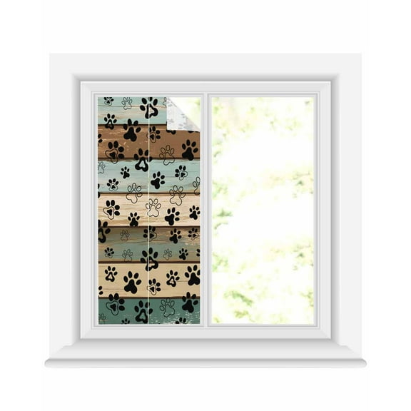 Window Privacy Film Black Paw Print Stained Glass Window Film Decorative Sun Block Window Cover Farmhouse Vintage Shabby Wood Grain Window Clings Static Adhesive Sticker for Bathroom 19.6"x39.3"