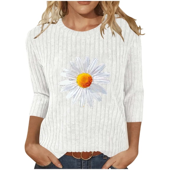 3/4 Sleeve Ribbed Knit Tops for Women Daisy Printed Loose Crew Neck Tee Shirts Dressy Casual Pullover Going Out Graphic Blouse