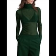 thumbnail image 1 of Top de Larga Ajustado de de Color Liso con Cuello Alto para Mujer, Camisa Transparente. Verde Oscuro S, 1 of 7