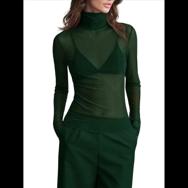Top de Larga Ajustado de de Color Liso con Cuello Alto para Mujer, Camisa Transparente. Verde Oscuro XXL