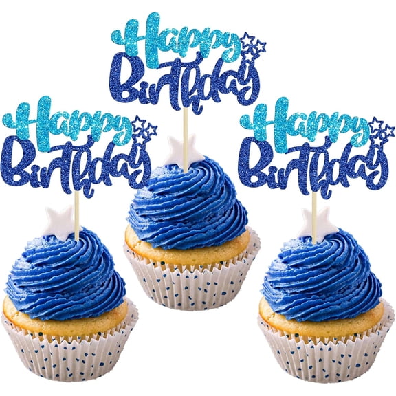 12Pcs Blue & Silver Glitter "Happy Birthday" Cupcake Toppers, Boys Birthday Party Cake Decorations