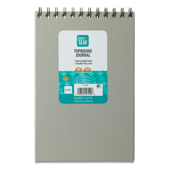 Pen+Gear Top Spiral Bound Journal, Gray, 6" x 9", 80 sheets, College Ruled