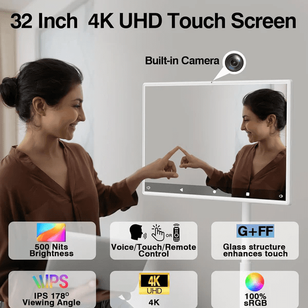 32 inch Portable 4K UHD Smart TV on Wheels with 32" Touch Screen Monitor with Built-in Camera Full Swivel Rotation Remote Control Android 13 OS