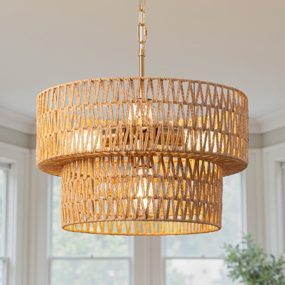 EDISHINE 4-Light 17.7" Hand-Woven Paper Rope Drum Chandelier, Adjustable 45.3" Chain, Double-Layer Woven Shade, Modern Farmhouse Pendant Light for Dining Room Living Room Bedroom, E26 Base