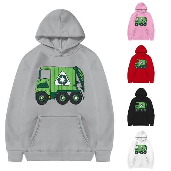 Oiyii Little Boy's Recycling Garbage Truck Graphic Hoodie Long Sleeve Printed Casual Hooded Sweatshirt Soft Pullover Top,Grey